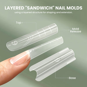 Layered sandwich nail extension molds top layer base layer mold release structure shaping extension easy removal