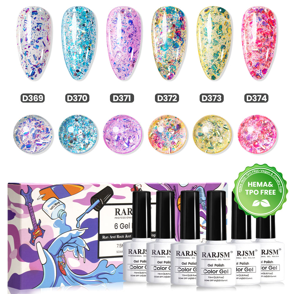 Set de Esmalte en Gel con Purpurina Confetti - 6 Colores Colección de Copos Grandes Primavera Verano 7.5ml - Libre de TPO y HEMA