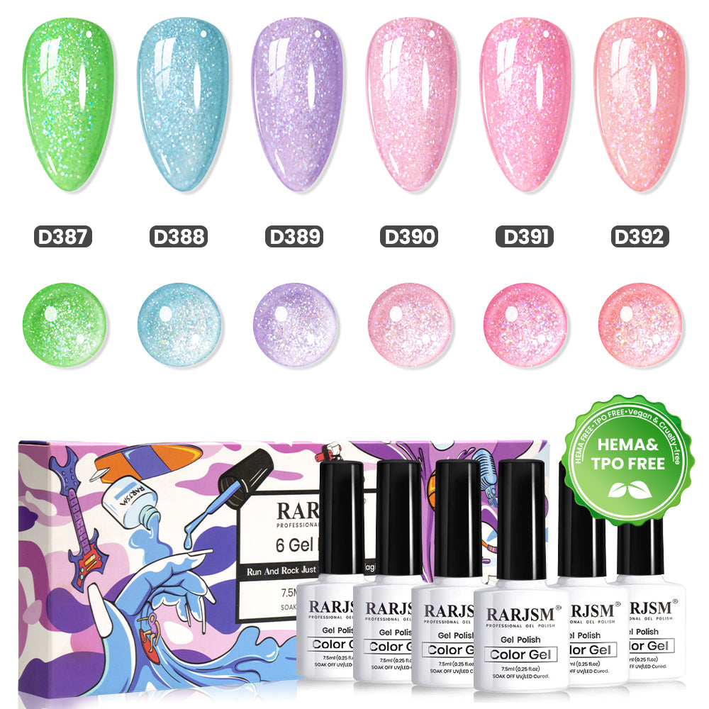 Set de Esmalte en Gel Icy Diamond Crush - 6 Colores Pastel para Primavera y Verano 7.5ml - RARJSM Libre de TPO y HEMA
