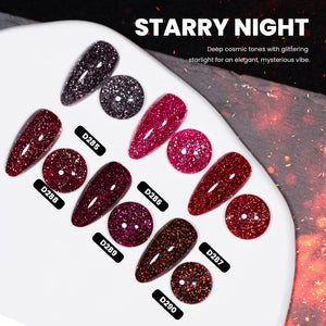 Starry Night glitter gel polish swatches 6 colors D285-D290 midnight galaxy ruby crimson burgundy wine espresso cosmic sparkle