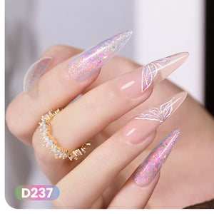 Forest Dream glitter gel polish on long nails transparent jelly base holographic flakes pink sparkle fairy-tale nail art