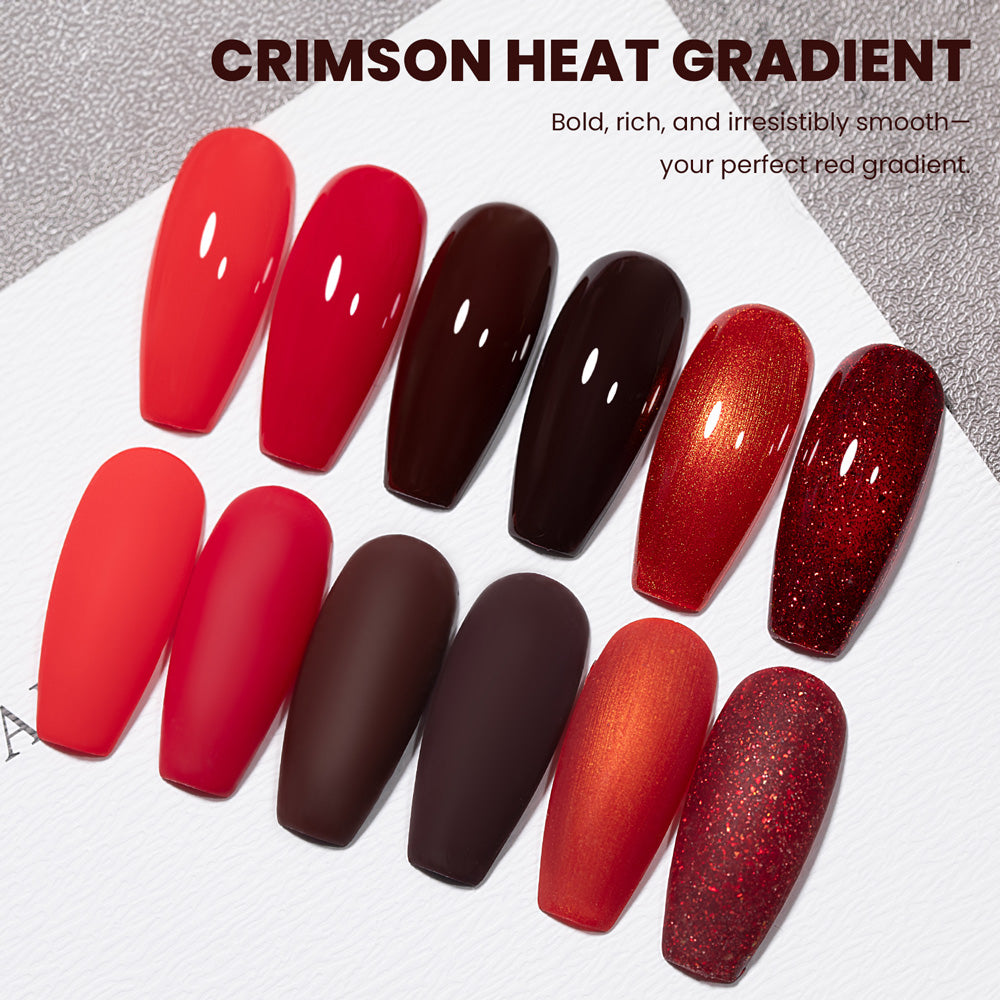 Crimson Heat Gradient gel polish swatches 6 colors D315-D320 red wine burgundy chocolate copper ruby glitter