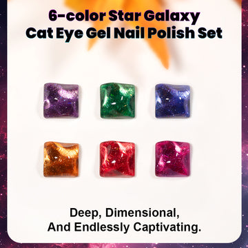 Stellar Vortex Cat Eye Gel Polish Set - 6 Autumn Jewel Tones with Opal Flakes & Fine Glitter 7.5ml - TPO & HEMA Free