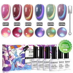 RARJSM Rainbow Gems cat eye gel polish 6 bottles 7.5ml D291-D296 magnetic wand HEMA TPO free vegan multicolor shifting shimmer