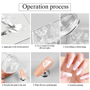 Nail stamping operation process apply glue scrape transfer wipe clean six-step tutorial butterfly floral patterns