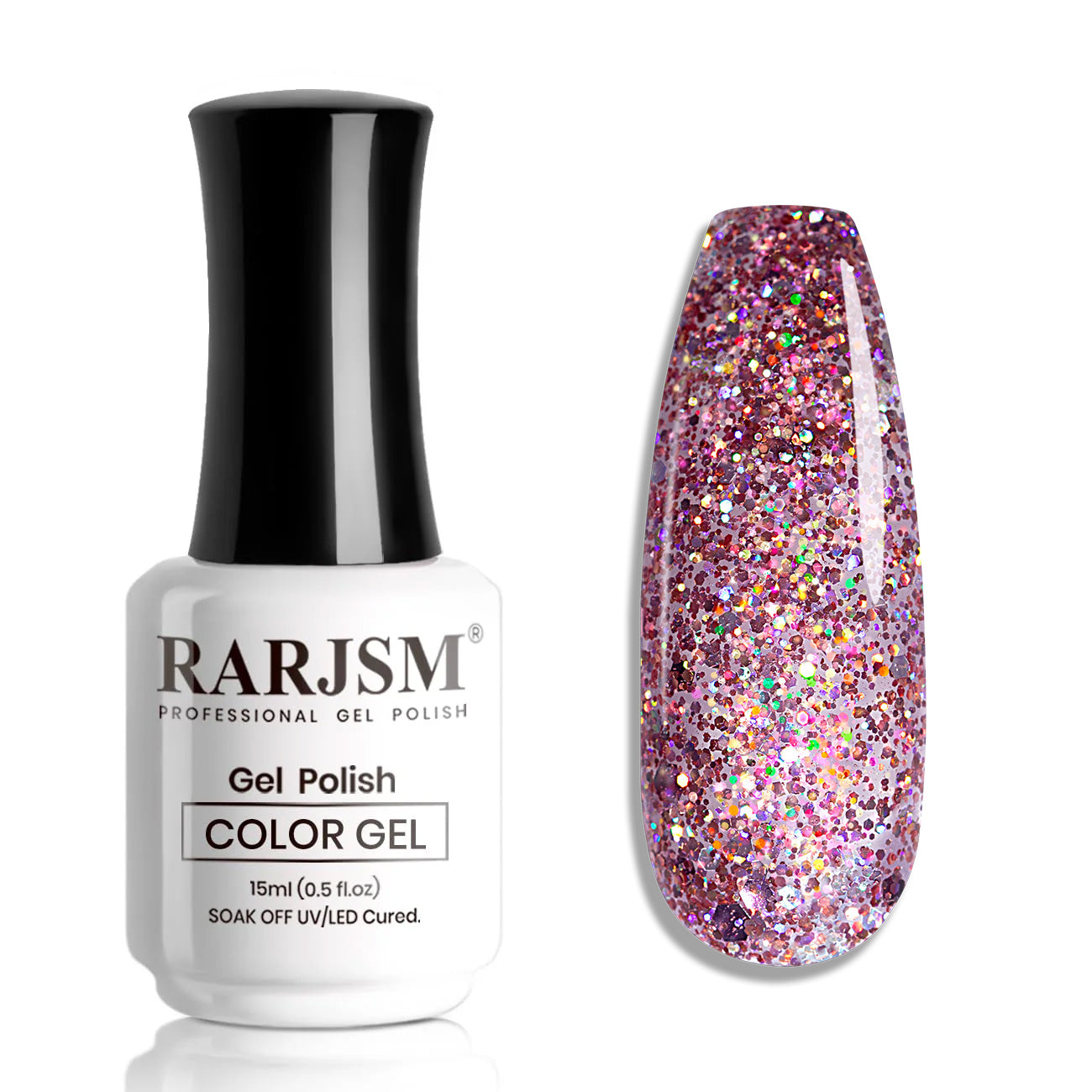 Rose Gold Glitter R401 mauve pink gel polish bottle 15ml with iridescent sparkle swatch TPO HEMA free