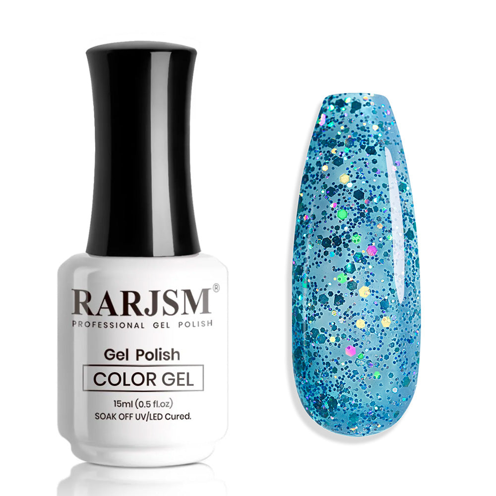 Ocean Sparkle R407 turquoise glitter gel polish bottle 15ml with iridescent multi-color sparkle swatch TPO HEMA free
