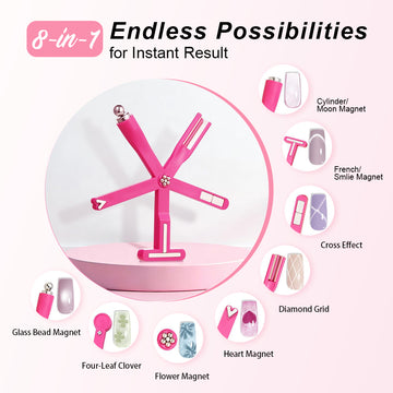 RARJSM 8-in-1 Starfish Magnet endless possibilities diagram showing all 8 magnetic tip options cylinder moon French smile T-pattern cross diamond grid glass bead four-leaf clover heart flower effects