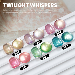 Twilight Whispers cat eye gel polish swatches 6 colors D266-D271 champagne lavender rose coral mint teal soft golden shimmer
