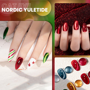 Christmas cat eye gel polish on nails showing metallic shimmer HEMA TPO free vegan Nordic Yuletide colors