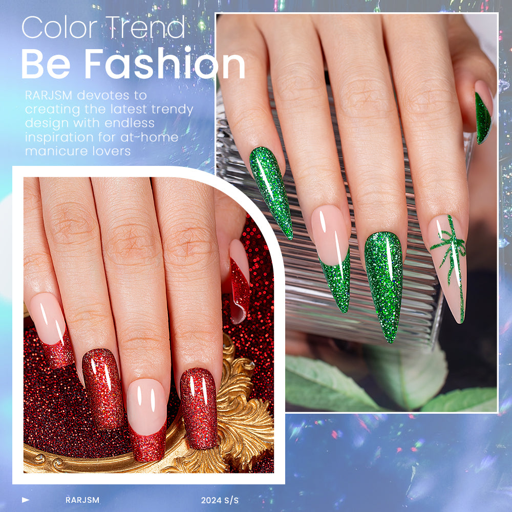 Holiday sparkle glitter gel polish Christmas nail art showing red and green colors on stiletto nails with trendy festive designs