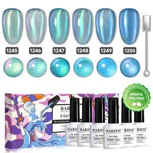 Arctic aurora magnetic cat eye gel polish set 6 blue green glitter colors 1245-1250 with magnetic wand RARJSM HEMA TPO free