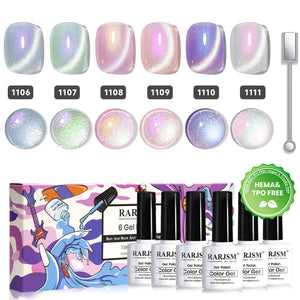 Ethereal glow diamond pearl cat eye gel polish set 6 colors 7.5ml TPO HEMA free luminous pastel shimmer crushed velvet texture galaxy