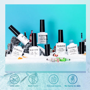 Sea blue amber color set showing 6 translucent jelly gel polish shades 937-942 with brush application texture