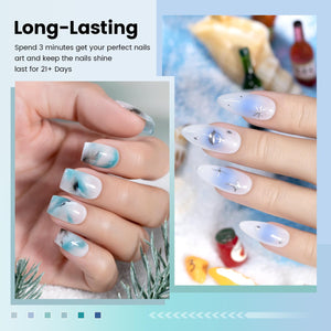Long-lasting 21+ days wear showing blue teal jelly gel polish on almond nails with perfect shine and no chipping