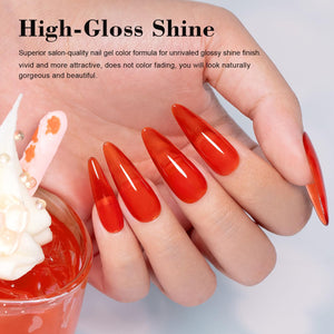 High-gloss shine amber red jelly gel polish salon-quality glossy finish vivid attractive translucent stained-glass