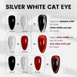 Silver white cat eye topper application tutorial opaque color base clear gel cover layering effects black red versatile overlay