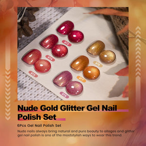 Nude gold glitter gel polish set 973-978 showing 6 shimmer colors wine red rose gold orange with holographic sparkle, TPO HEMA free