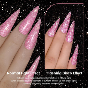 Normal light effect vs flashing disco effect reflective gel polish natural light flashlight sunlight diamond sparkle comparison
