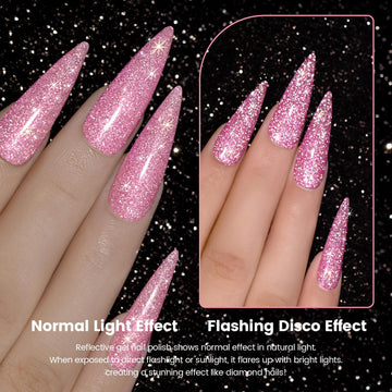 Normal light effect vs flashing disco effect reflective gel polish natural light flashlight sunlight diamond sparkle comparison