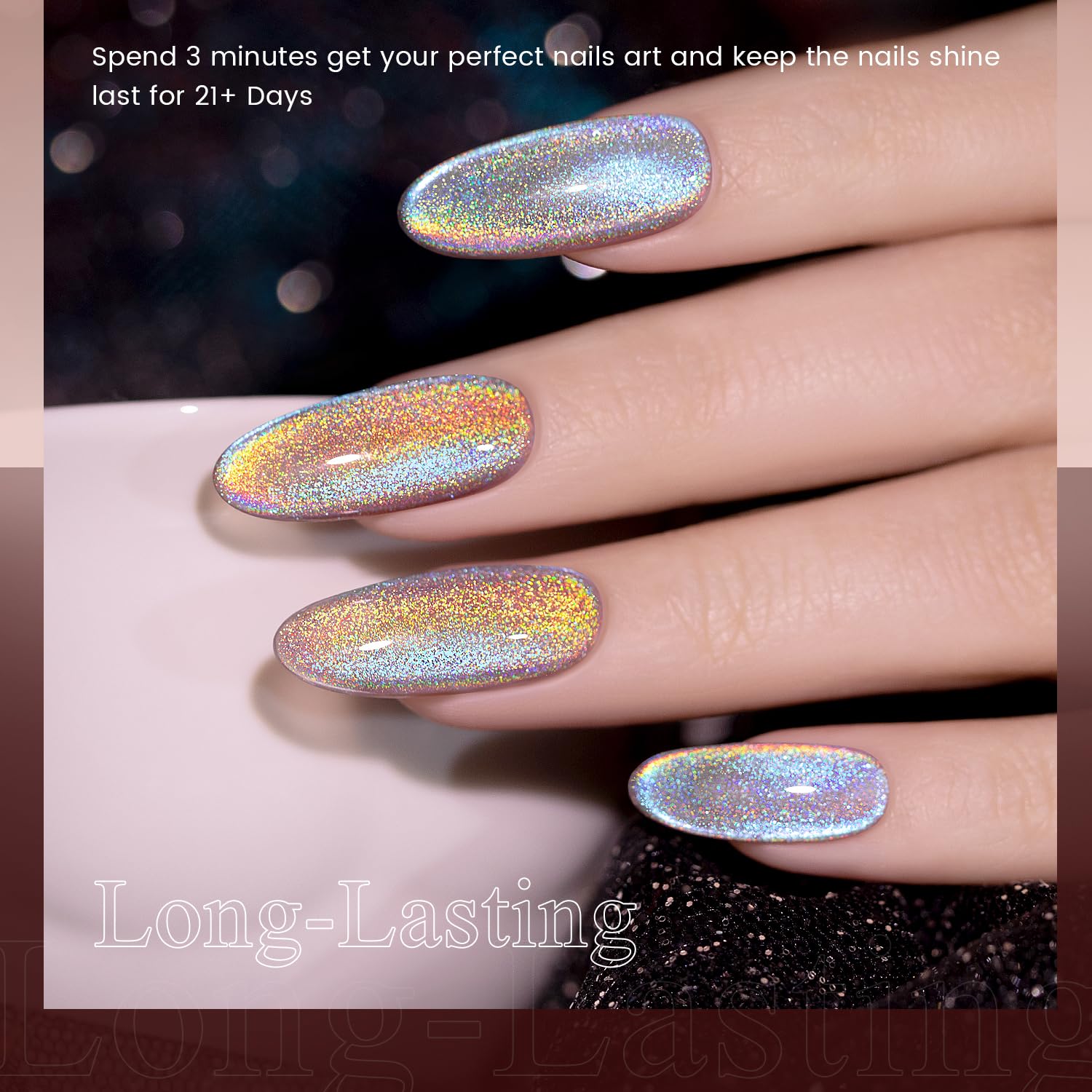 Rainbow Aurora Blue holographic glitter gel polish on nails color shifting laser shimmer 21 days long-lasting