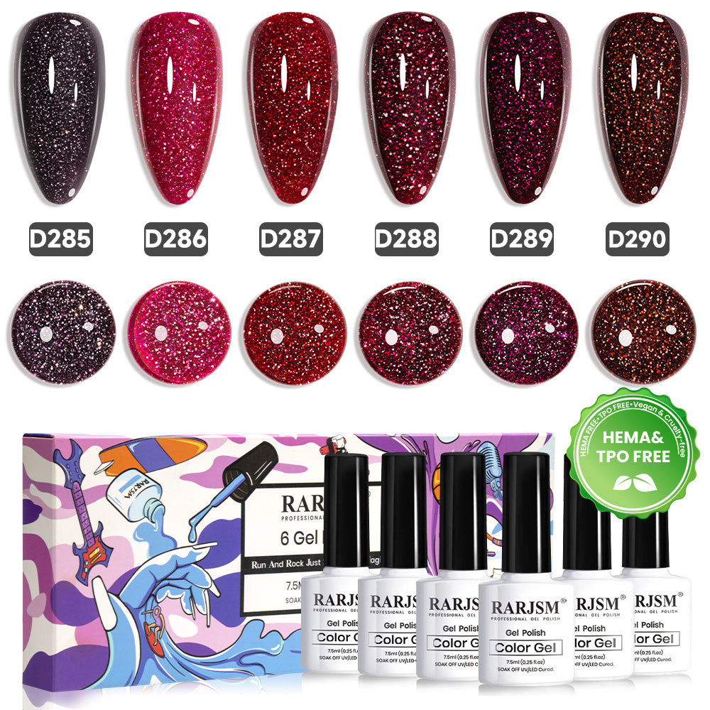 RARJSM Starry Night red glitter gel polish 6 bottles 7.5ml D285-D290 HEMA TPO free vegan deep cosmic shimmer