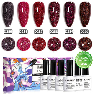 RARJSM Starry Night red glitter gel polish 6 bottles 7.5ml D285-D290 HEMA TPO free vegan deep cosmic shimmer