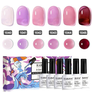 Complete 6-color rose garden amber jelly gel polish set 1040-1045 with professional 7.5ml bottles showing pink purple wine gradient