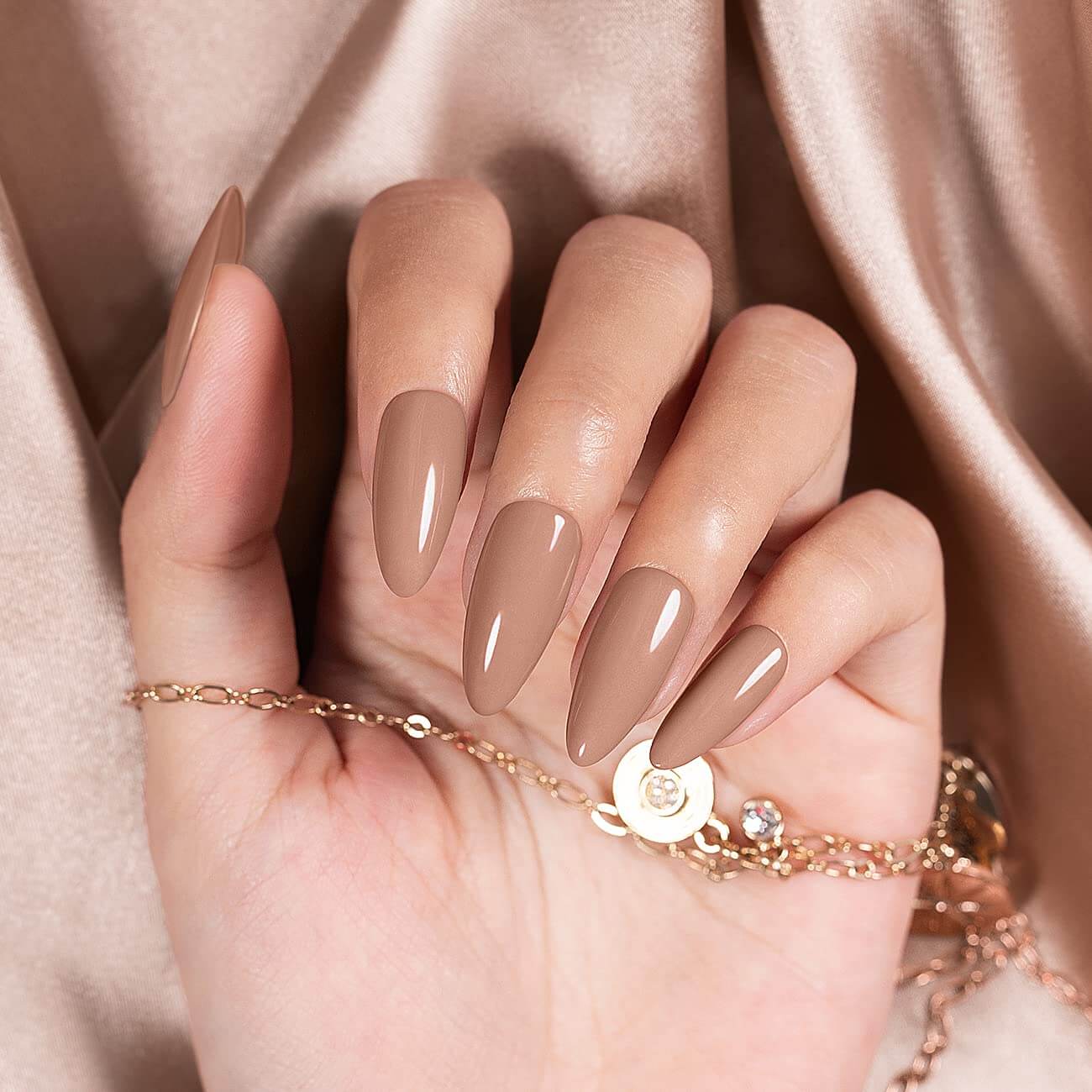 Chocolate brown manicure long almond nails warm earthy tone elegant look with gold jewelry