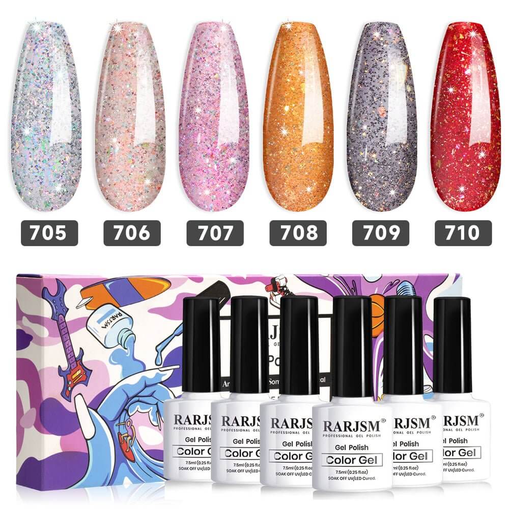 ✨NEW IN🔥RARJSM ® 6 Colors Brilliant fireworks Glitter Gel Nail Polish Set | 6pcs 7.5ml