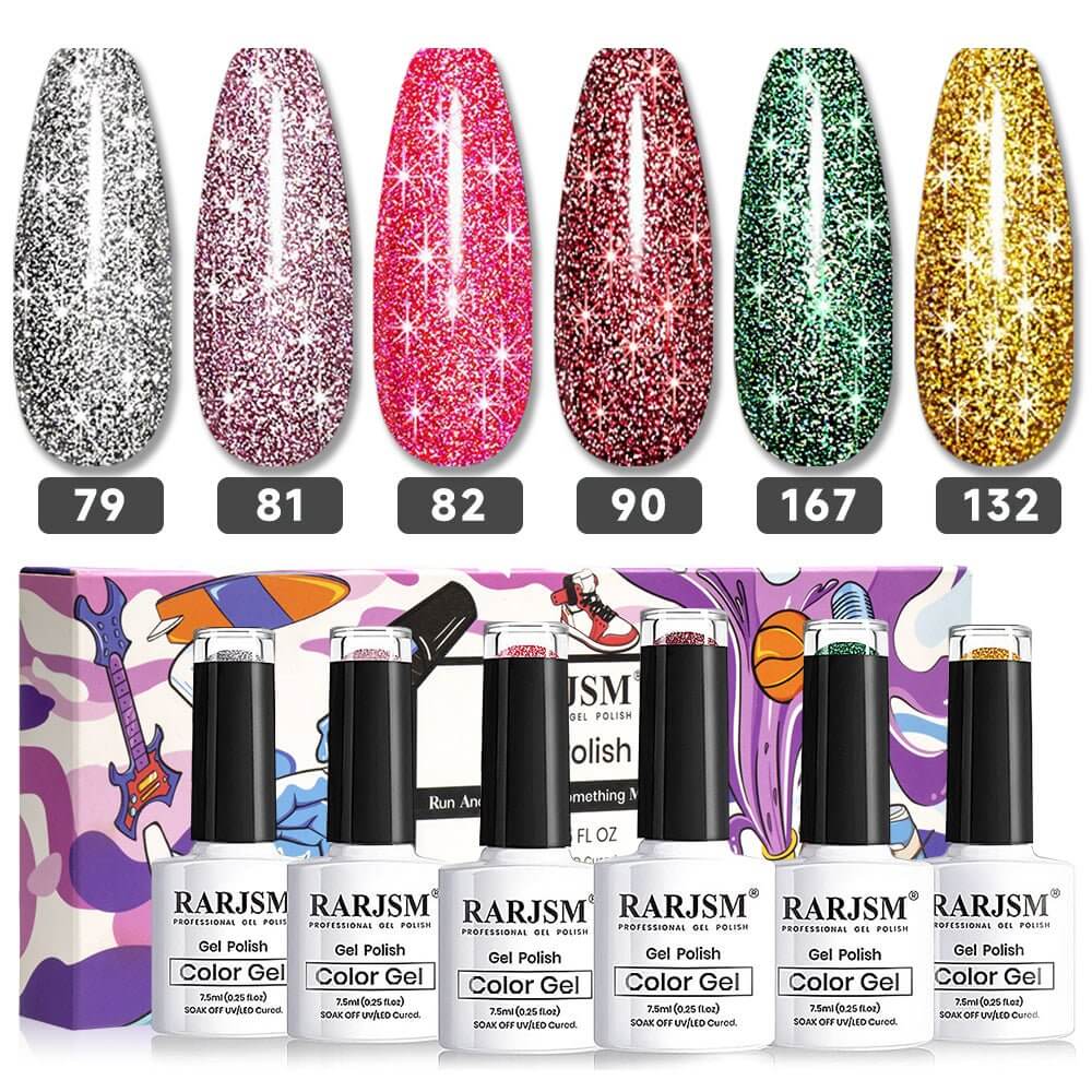 RARJSM explosion diamond gel polish 6 bottles set color gel swatches TPO HEMA free EU certified safe vegan 7.5ml