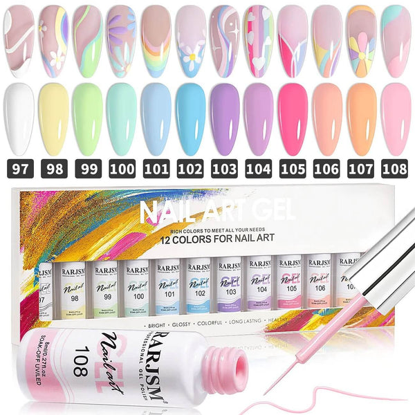 RARJSM ® Nail Art Gel Liner | Spring Summer Collection|12 Colors Pastel Color Painting Nail Gel Polish Set｜8ml 12pcs
