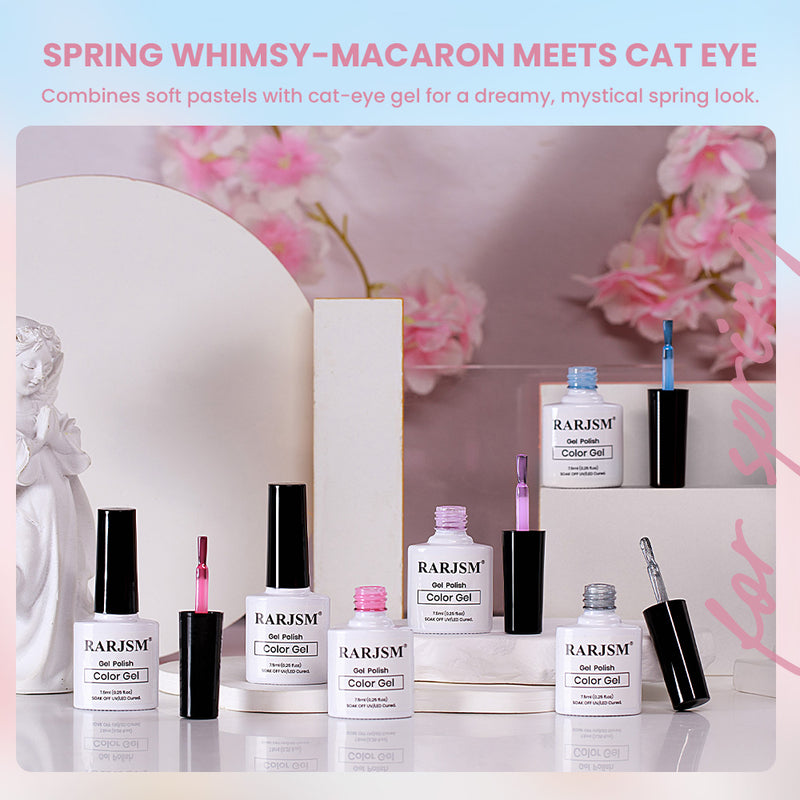 Spring whimsy macaron meets cat eye gel polish combines soft pastels cat eye gel dreamy mystical spring look 6 colors 5 macaron 1 topper
