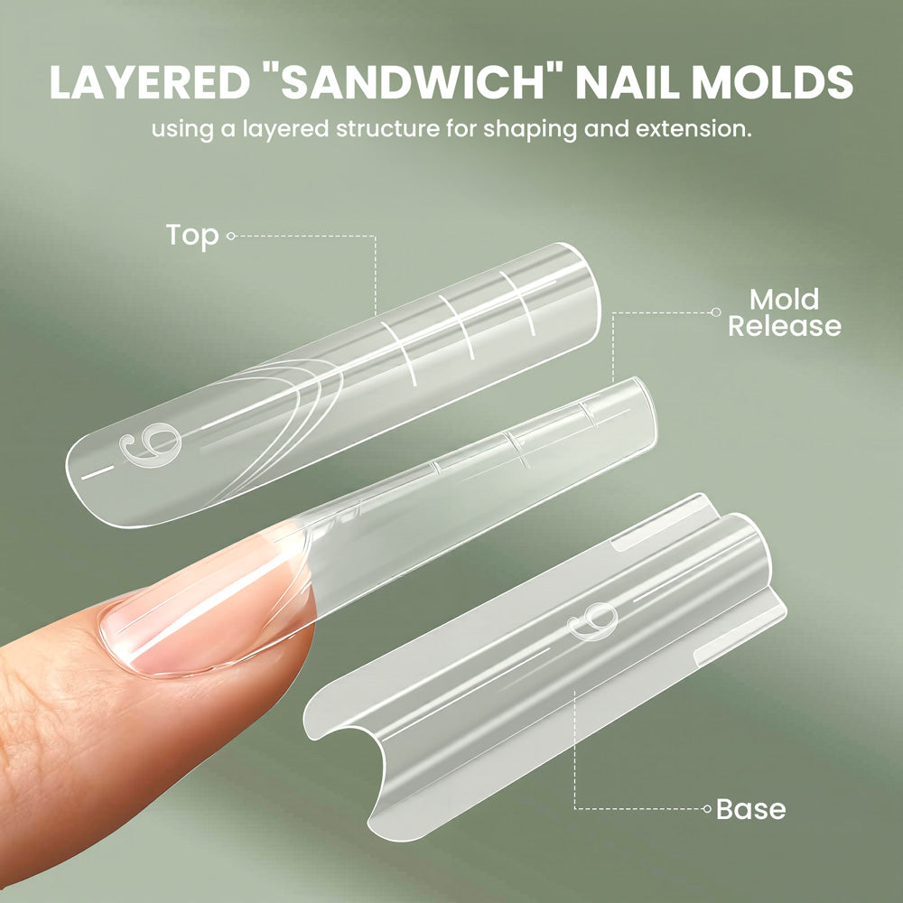 Layered sandwich nail extension molds top layer base layer mold release structure shaping extension easy removal
