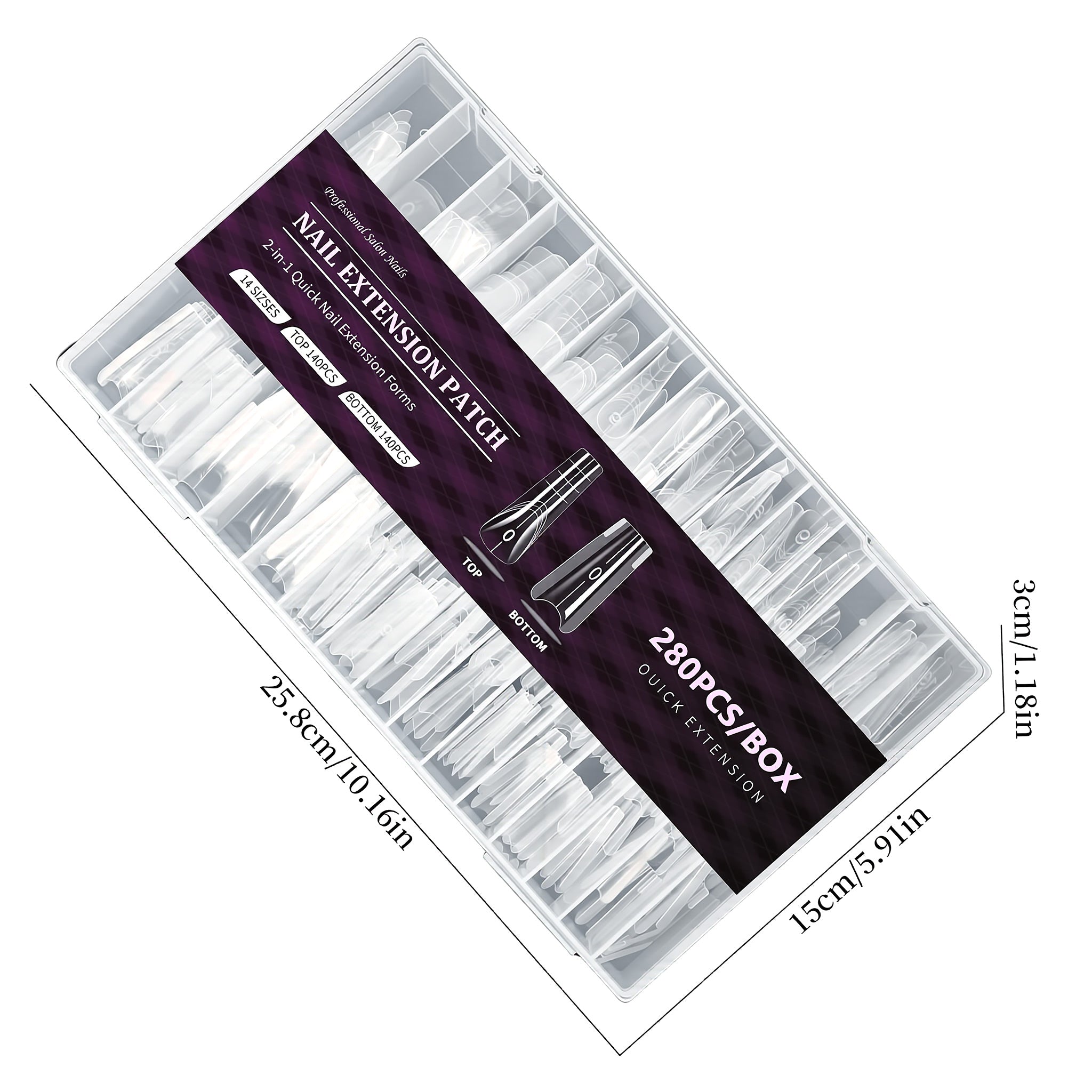 Nail extension forms storage box dimensions 25.8cm 10.16inch specifications 280 pieces 20 sizes organized case
