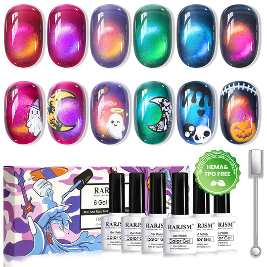 Phantom Glow Cat Eye Gel Polish Set - 6 Halloween Neon Shades Magnetic Sheer Jelly 7.5ml - TPO & HEMA Free