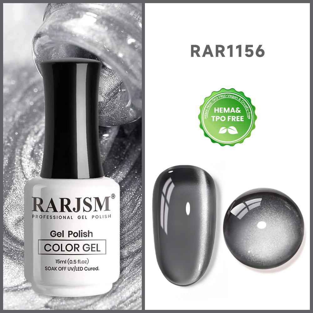 RARJSM black silver ceramic cat eye gel polish 15ml 1156 HEMA TPO free vegan metallic shimmer
