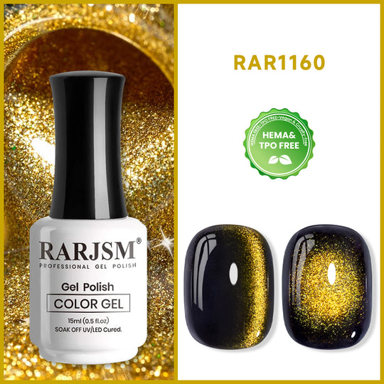 RARJSM black gold ceramic cat eye gel polish 15ml 1160 HEMA TPO free vegan metallic shimmer
