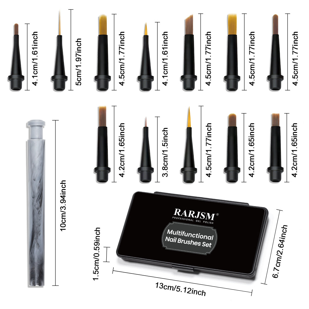 12-piece nail art brush set specifications - brush lengths 4.1-5cm, pen handle 10cm, storage case 13x6.7cm with RARJSM branding
