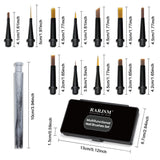 12-piece nail art brush set specifications - brush lengths 4.1-5cm, pen handle 10cm, storage case 13x6.7cm with RARJSM branding
