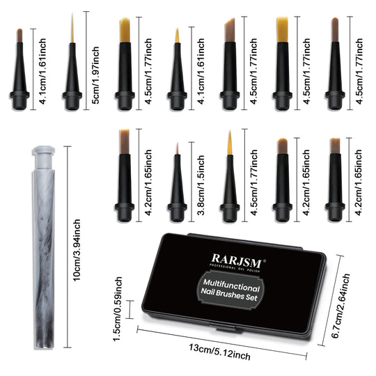12-piece nail art brush set specifications - brush lengths 4.1-5cm, pen handle 10cm, storage case 13x6.7cm with RARJSM branding
