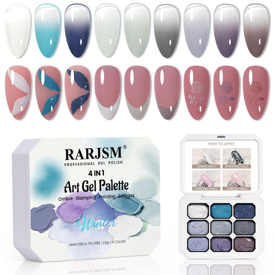 Frost & Fog 4 IN 1 Art Gel Palette - 9 Winter Cool Tones Ombre Stamping Painting Emboss 2.5g - TPO & HEMA Free