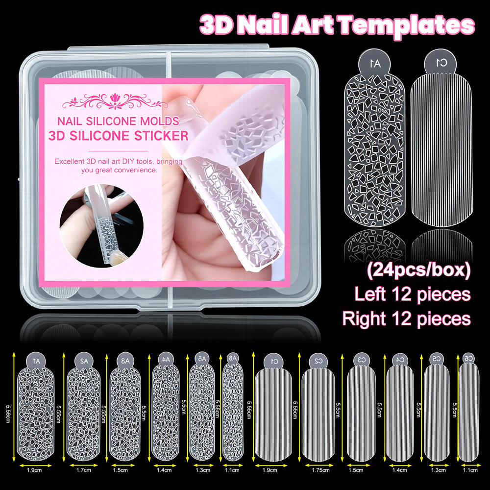 3D silicone nail mold 24 pieces crystal stripe templates storage box two shapes graduated sizes professional nail art tool
