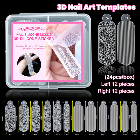 3D silicone nail mold 24 pieces crystal stripe templates storage box two shapes graduated sizes professional nail art tool
