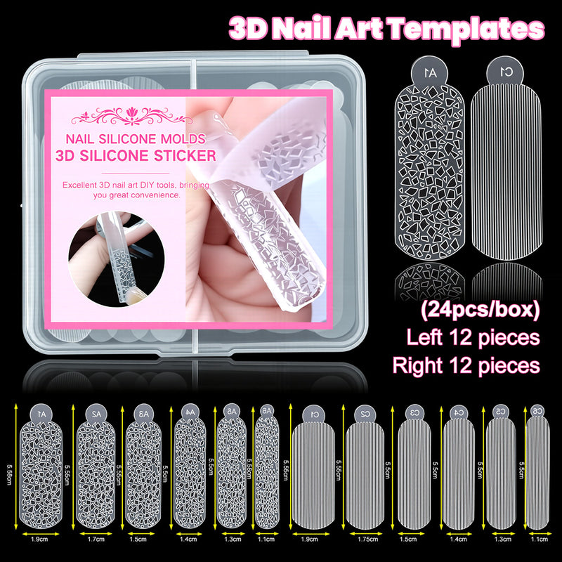 3D silicone nail mold 24 pieces crystal stripe templates storage box two shapes graduated sizes professional nail art tool
