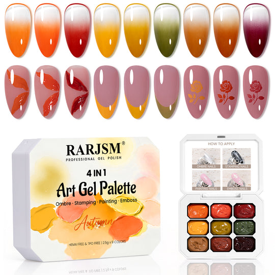 Autumn Harvest 4 IN 1 Art Gel Palette - 9 Warm Fall Shades Ombre Stamping Painting Emboss 2.5g - TPO & HEMA Free