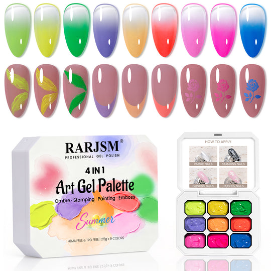 Neon Bloom 4 IN 1 Art Gel Palette - 9 Vivid Summer Shades Ombre Stamping Painting Emboss 2.5g - TPO & HEMA Free