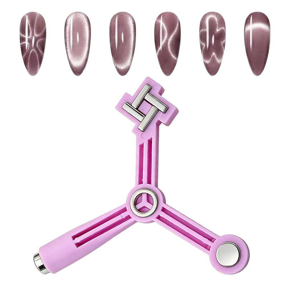 RARJSM 4-in-1 trident cat eye magnet pink showing 6 nail effects petal arc flower French diagonal classic cat eye shimmer on mauve nails multi-effect magnetic wand
