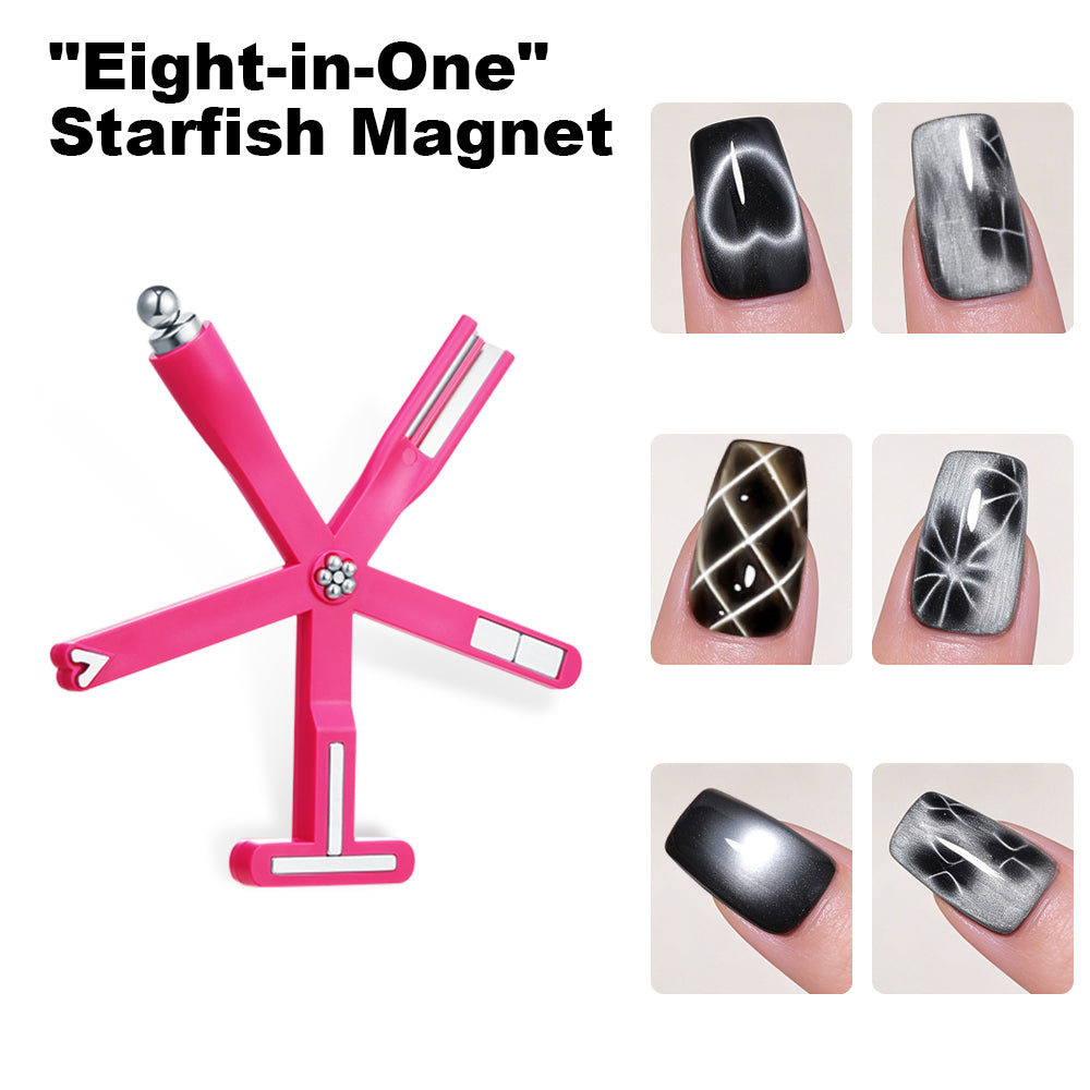 RARJSM 8-in-1 Starfish Cat Eye Magnet Pink Multi-Effect Magnetic Wand showing 8 interchangeable magnetic tips and nail art pattern examples including cylinder moon French smile T-pattern cross diamond grid heart flower effects 
