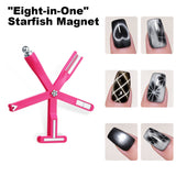 RARJSM 8-in-1 Starfish Cat Eye Magnet Pink Multi-Effect Magnetic Wand showing 8 interchangeable magnetic tips and nail art pattern examples including cylinder moon French smile T-pattern cross diamond grid heart flower effects 
